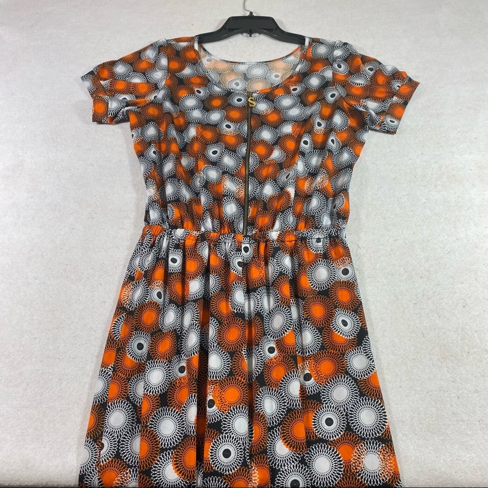 Jumper Jumpsuit Front Zip Elastic Waist Orange Gray circle Print Short Sleeve - Picture 12 of 13